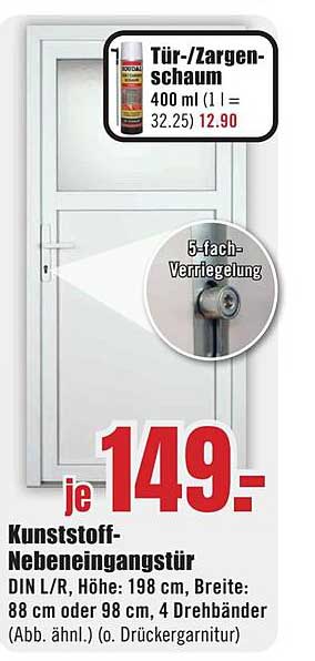 Kunststoff-Nebeneingangstür DIN L/R, Höhe 198 cm, Breite 88 cm oder 98 cm, 4 Drehbänder