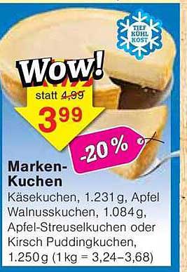 Marken-Kuchen 1.231 g Käsekuchen, Apfel Walnusskuchen, Apfel-Streuselkuchen oder Kirsch Puddingkuchen