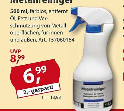 Metallreiniger 500 ml - Farblos, entfernt Öl, Fett und Verschmutzung