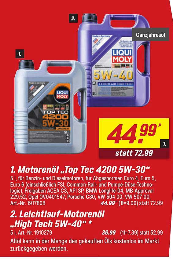Motorenöl „Top Tec 4200 5W-30“ und Leichtlauf-Motorenöl „High Tech 5W-40“