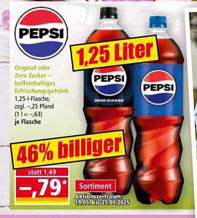 PEPSI Original oder Zero Zucker - 1,25 Liter Flasche