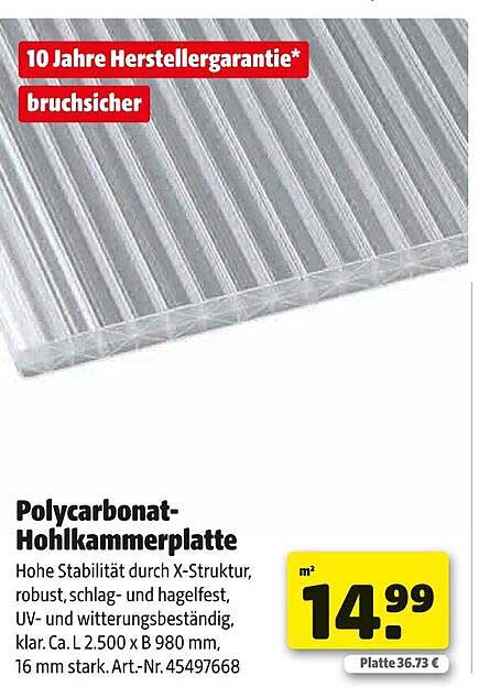 Polycarbonat-Hohlkammerplatte 2.500 x 980 mm, 16 mm stark