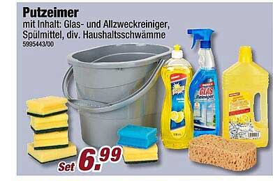 Putzeimer Set mit Glas- und Allzweckreiniger, Spülmittel und Haushaltschwämme