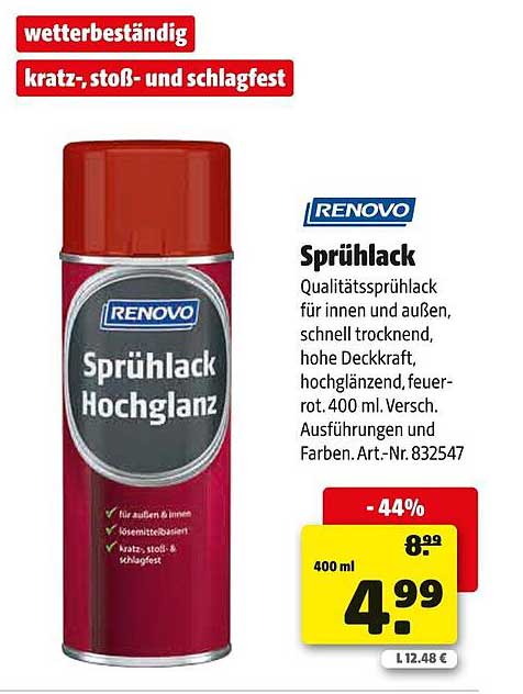 RENOVO Sprühlack Hochglanz 400 ml - Wetterbeständig und kratzfest