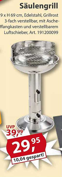 Säulengrill 9 x H 69 cm, Edelstahl, Grillrost 3-fach verstellbar