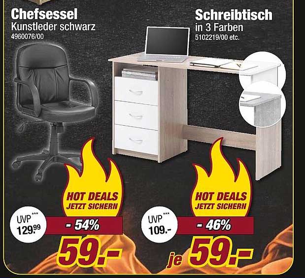Schreibtisch in 3 Farben und Chefsessel aus Kunstleder