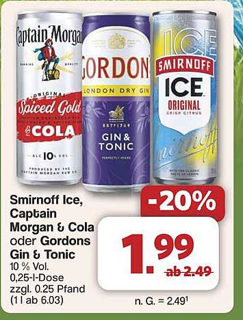 Smirnoff Ice, Captain Morgan & Cola oder Gordons Gin & Tonic - 20% Rabatt!