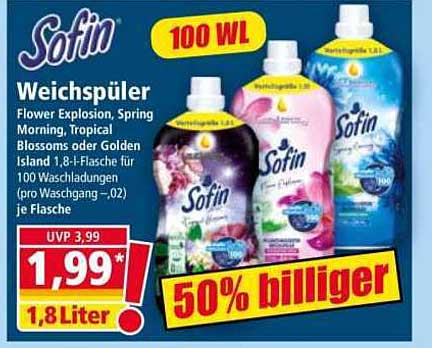 Sofin Weichspüler - Flower Explosion, Spring Morning, Tropical Blossoms oder Golden Island 1,8L
