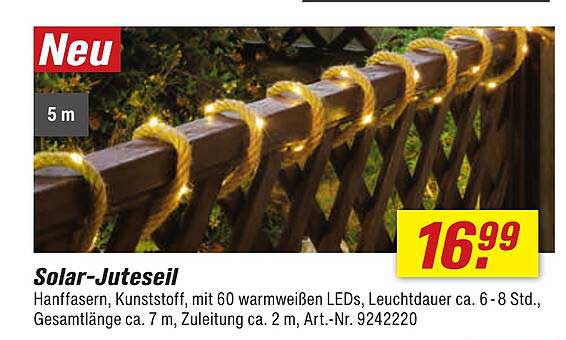 Solar-Jute-Seil 5 m mit 60 warmweißen LEDs