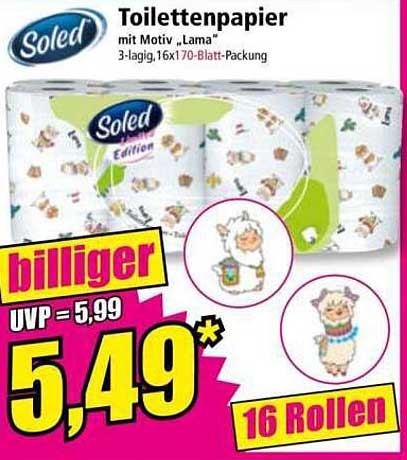 Soled Toilettenpapier mit Motiv "Lama" - 3-lagig, 16 Rollen