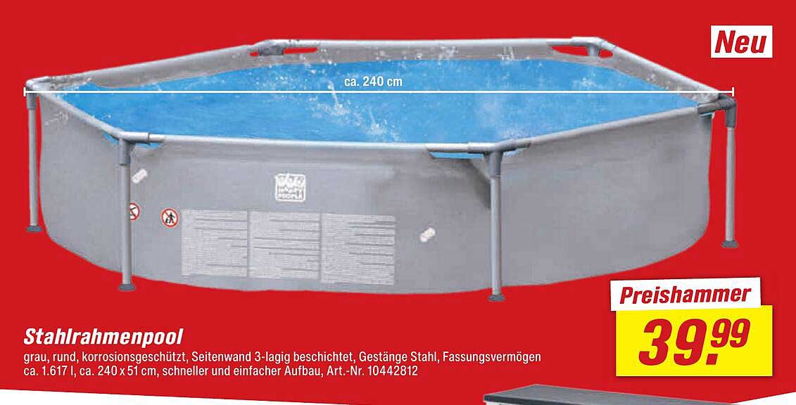 Stahlrahmenpool grau, rund, 240 cm Durchmesser