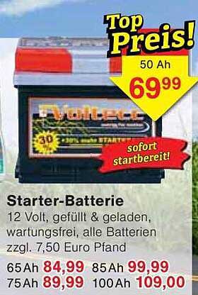 Starter-Batterie 12 Volt, gefüllt & geladen, wartungsfrei