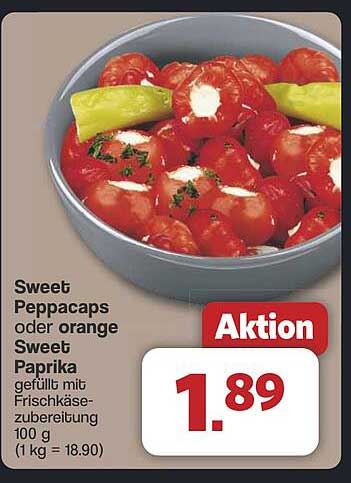 Sweet Peppacaps oder orange Sweet Paprika gefüllt mit Frischkäsezubereitung