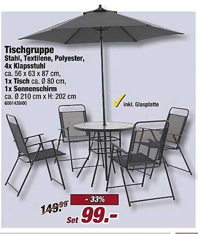 Tischgruppe mit Sonnenschirm – Inkl. Glasplatte