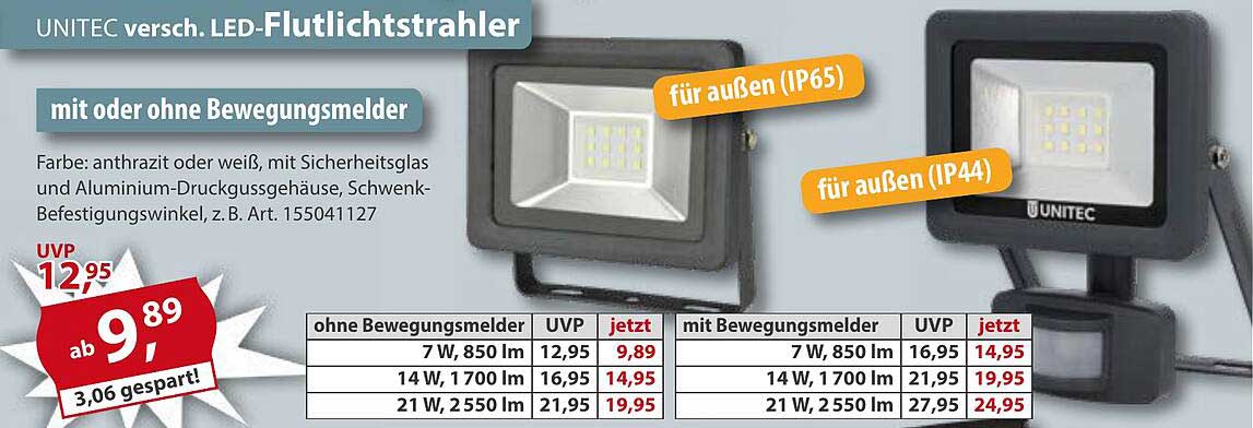 UNITEC LED-Flutlichtstrahler mit oder ohne Bewegungsmelder