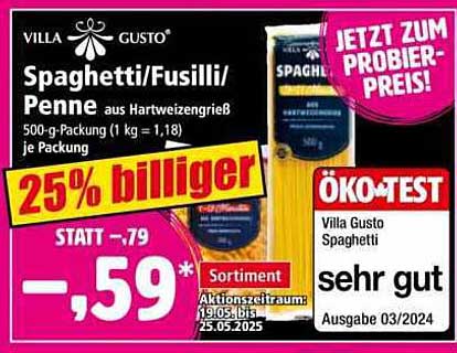 Villa Gusto Spaghetti/Fusilli/Penne 500-g-Packung