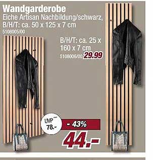Wandgarderobe Eiche Artisan Nachbildung schwarz, B/H/T: ca. 50 x 125 x 7 cm