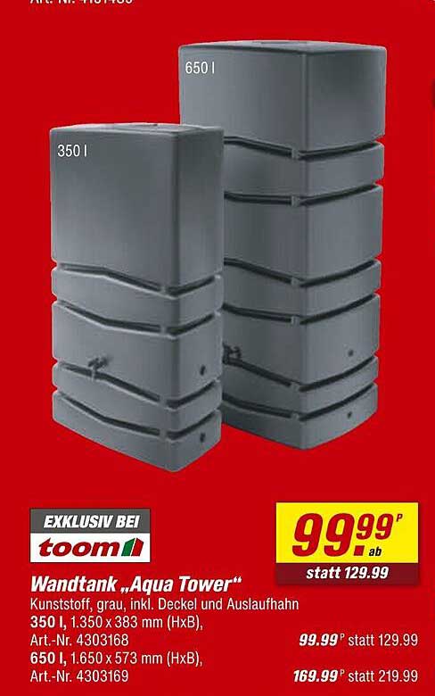 Wandtank „Aqua Tower“ 350 l und 650 l, Kunstoff, grau, inkl. Deckel und Auslaufhahn