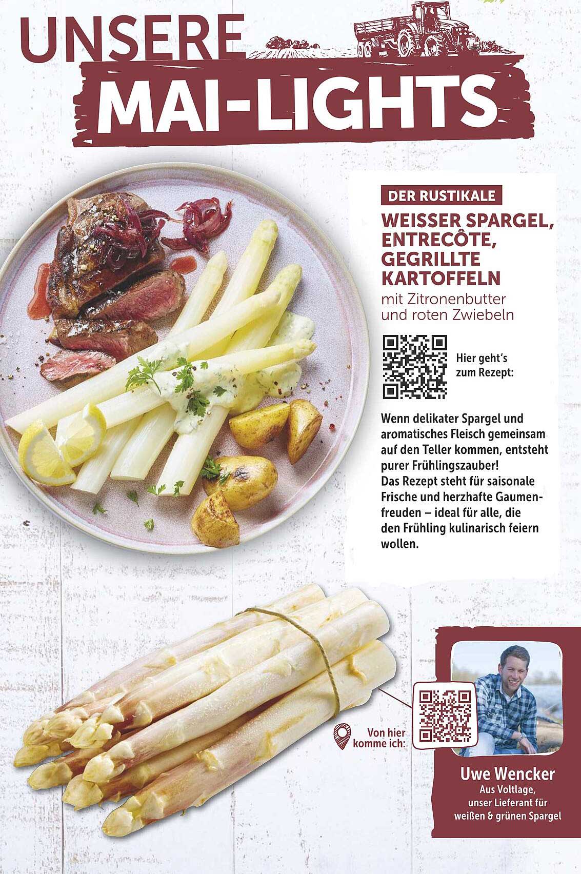 WEISSER SPARGEL, ENTRECÔTE, GRILLKARTOFFELN MIT ZITRONENBUTTER UND ROTEN ZWIEBELN