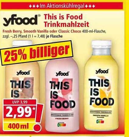 Yfood Trinkmahlzeit 400-ml-Flasche - Fresh Berry, Smooth Vanilla oder Classic Choco
