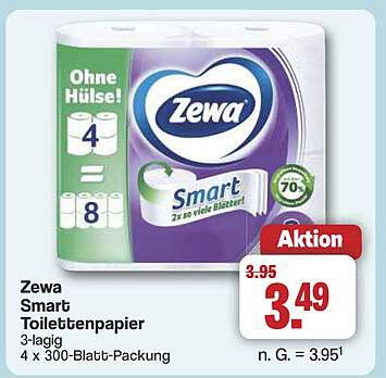 Zewa Smart Toilettenpapier 3-lagig, 4 x 300-Blatt-Packung