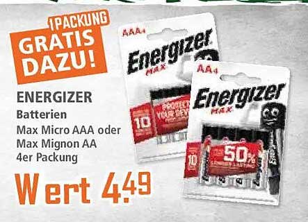 ENERGIZER Batterien Max Micro AAA oder Max Mignon AA 4er Packung