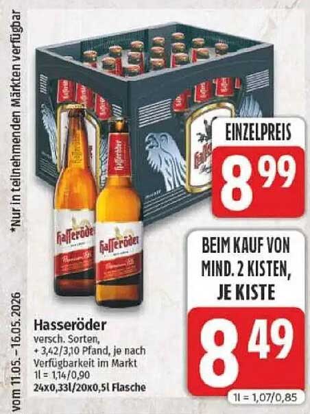 Hasseröder versch. Sorten, + 3,42/3,10 Pfand, je nach Verfügbarkeit im Markt 1 l = 1,14/0,90 24x0,33l/20x0,5l Flasche