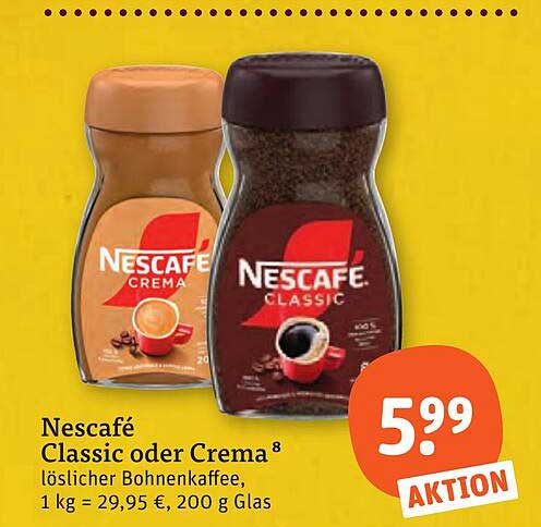 Nescafé Classic oder Crema⁸ löslicher Bohnenkaffee, 1 kg = 29,95 €, 200 g Glas