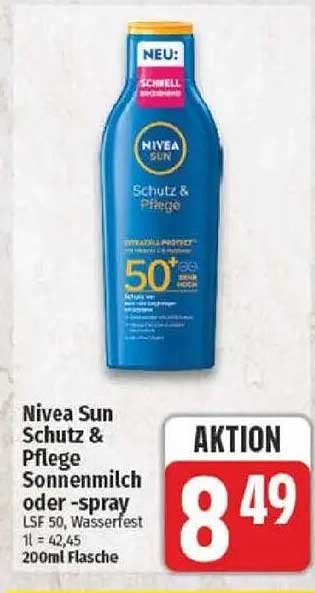 Nivea Sun Schutz & Pflege Sonnenmilch oder -spray LSF 50, Wasserfest 1 l = 42,45 200ml Flasche