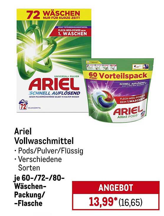 Ariel Vollwaschmittel - Pods, Pulver, Flüssig - je 60-/72-/80-Wäschen-Packung/-Flasche