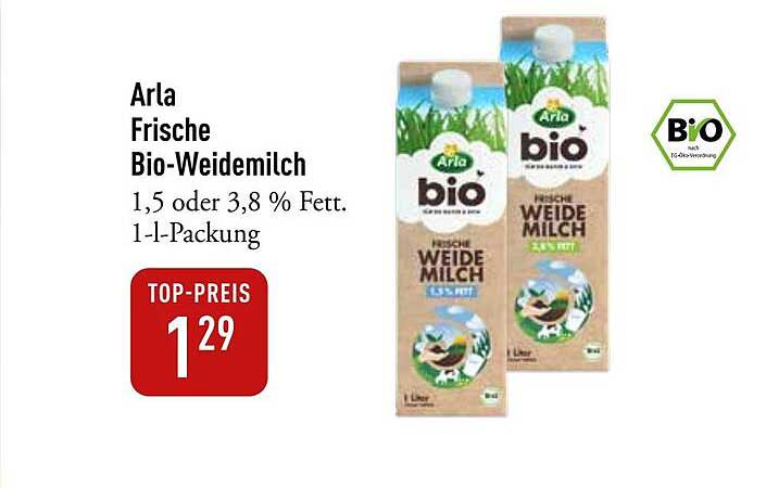 Arla Frische Bio-Weidemilch 1,5 oder 3,8 % Fett. 1-l-Packung