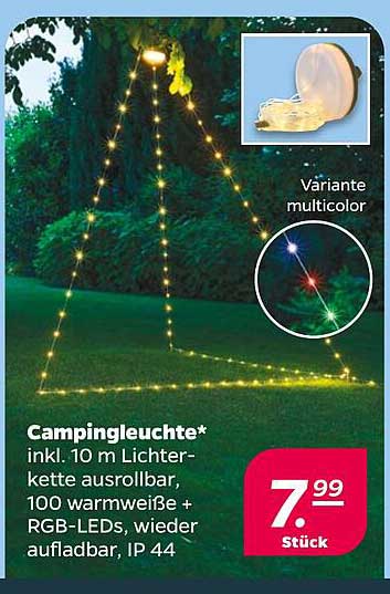 Campingleuchte inkl. 10 m Lichterkette ausrollbar, 100 warmweiße + RGB-LEDs, wieder aufladbar, IP 44