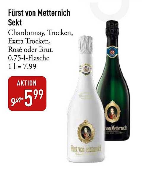 Fürst von Metternich Sekt - Chardonnay, Trocken, Extra Trocken, Rosé oder Brut 0,75 l-Flasche