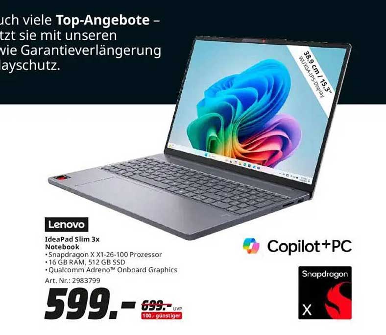 Lenovo IdeaPad Slim 3x Notebook mit Snapdragon X X1-26-100 Prozessor