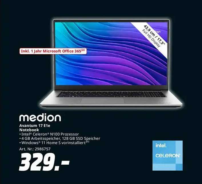 medion Avantum 17 E1e Notebook mit Intel® Celeron® N100 Prozessor