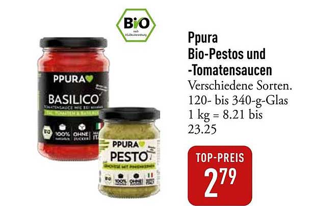 Ppure Bio-Pestos und -Tomatensaucen verschiedene Sorten