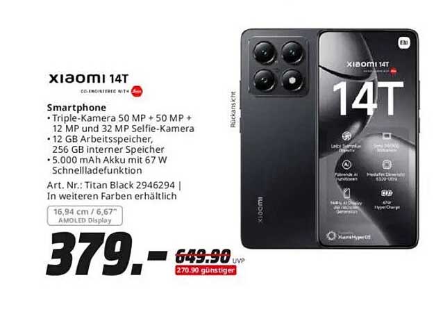 Xiaomi 14T Smartphone mit Triple-Kamera und 67 W Schnellladetechnik