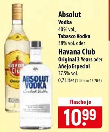 Absolut Vodka 40% vol., Tabasco Vodka 38% vol. oder Havana Club Original 3 Years oder Anejo Especial 37,5% vol., 0,7 Liter (1 Liter = 15.70 €)