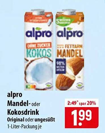 alpro Mandel- oder Kokosdrink Original oder ungesüßt 1-Liter-Packung je