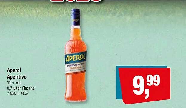 Aperol Aperitivo 11% vol. 0,7-Liter-Flasche 1 Liter = 14,27