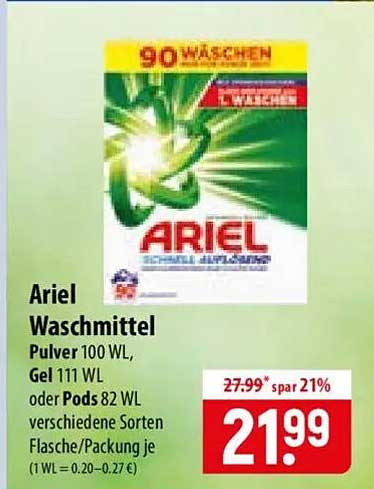 Ariel Waschmittel Pulver 100 WL, Gel 111 WL oder Pods 82 WL verschiedene Sorten Flasche/Packung je