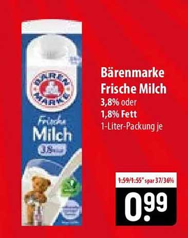 Bärenmarke Frische Milch 3,8% oder 1,8% Fett 1-Liter-Packung je