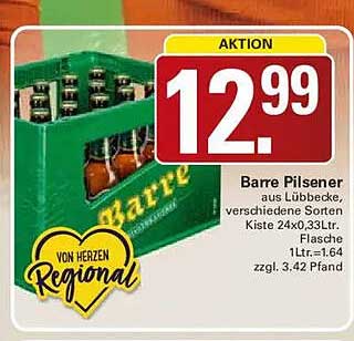 Barre Pilsener aus Lübbecke, verschiedene Sorten Kiste 24x0,33Ltr. Flasche 1Ltr.=1,64 zzgl. 3,42 Pfand