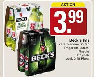 Beck's Pils verschiedene Sorten Träger 6x0,33Ltr. Flasche 1Ltr.=2.02 zzgl. 0.48 Pfand