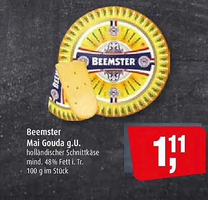 Beemster Mai Gouda g.U. holländischer Schnittkäse mind. 48% Fett i. Tr. 100 g im Stück