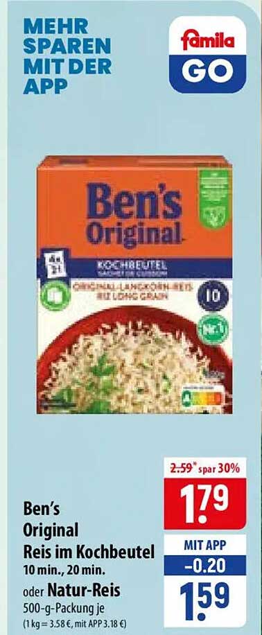 Ben’s Original Reis im Kochbeutel 10 min., 20 min. oder Natur-Reis 500-g-Packung je