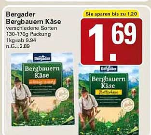 Bergader Bergbauern Käse verschiedene Sorten 130-170g Packung 1kg = ab 9.94 n.G.=2.89