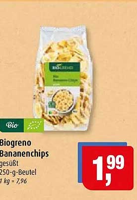 Biogreno Bananenchips gesüßt 250-g-Beutel