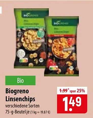 Biogreno Linsenchips verschiedene Sorten 75-g-Beutelje (1 kg = 19.87 €)
