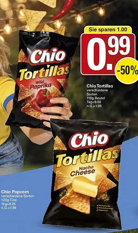 Chio Tortillas verschiedene Sorten 110g Beutel 1kg=9.00 n.G.=1.99